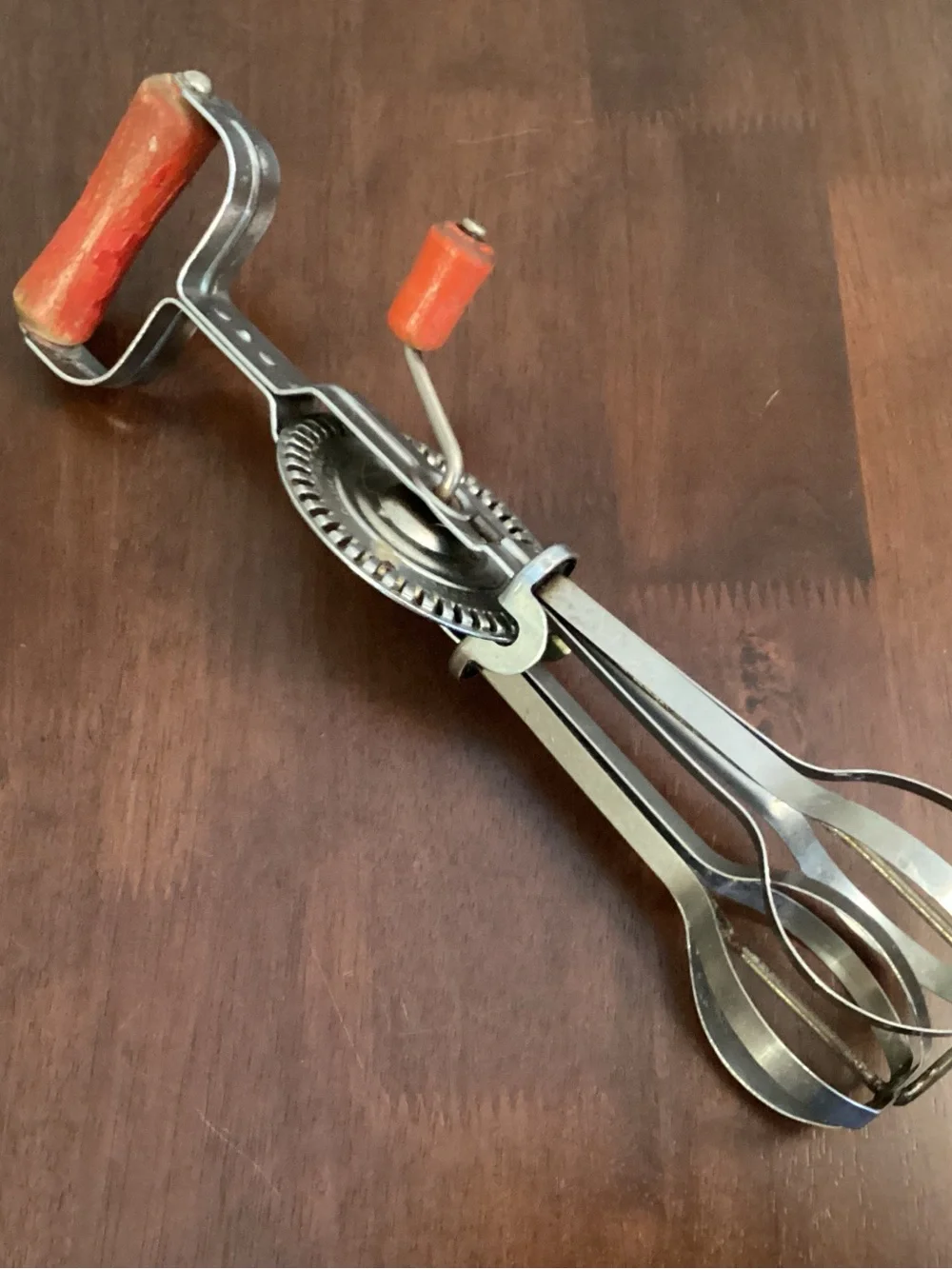 Vintage Hand Crank Egg Beater with Red Wooden Handle